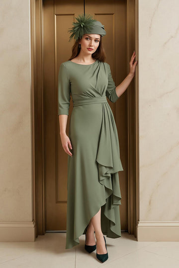 Olive A-Line Bateau Neck 3/4 Sleeve Ruched Mother of the Bride Dress with Ruffles